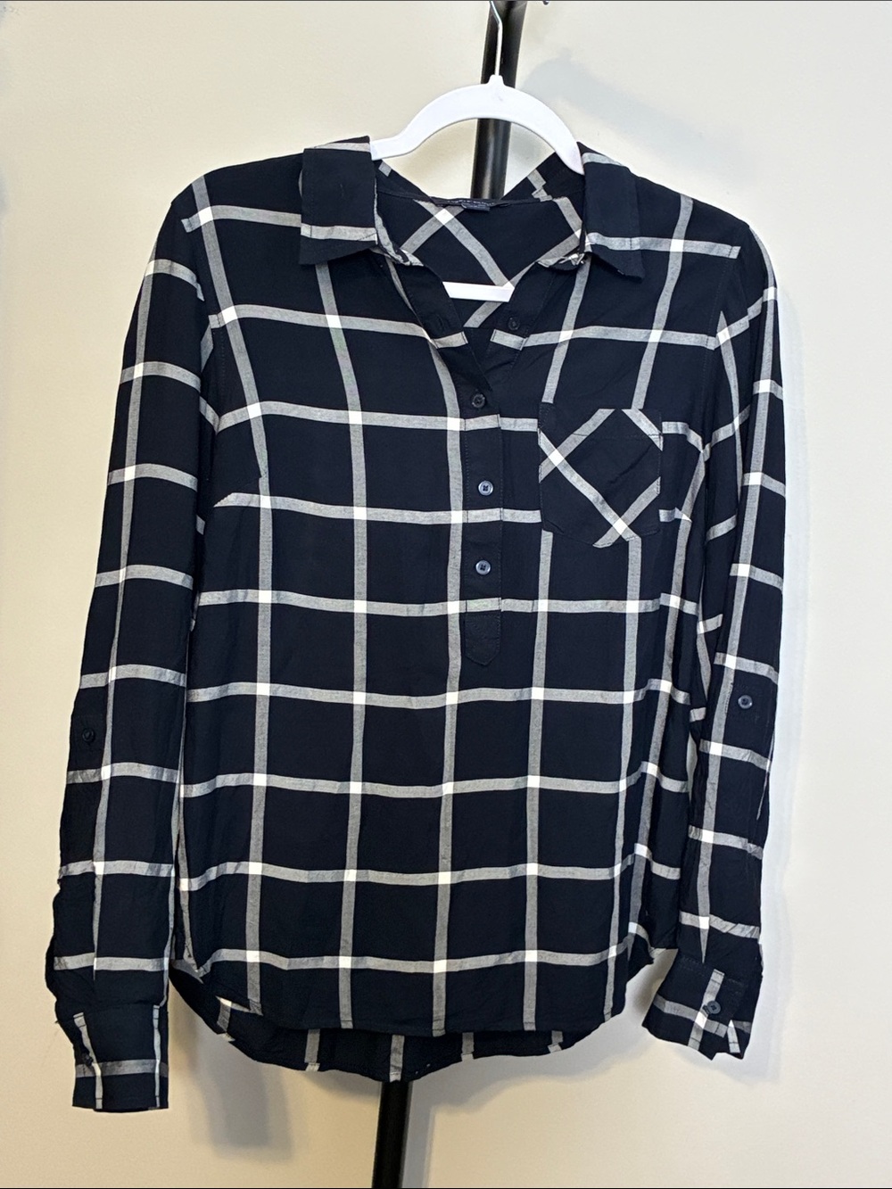 Tommy Hilfiger Navy Blue White Windowpane 1/2 Button-Down Shirt Popover Small
